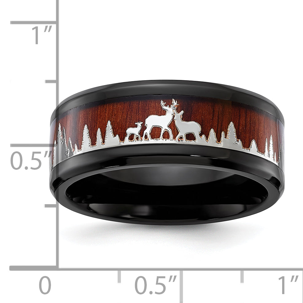 Stainless Steel Polished Black IP-plated with Wood Inlay Deer in Forest Design 9mm Band