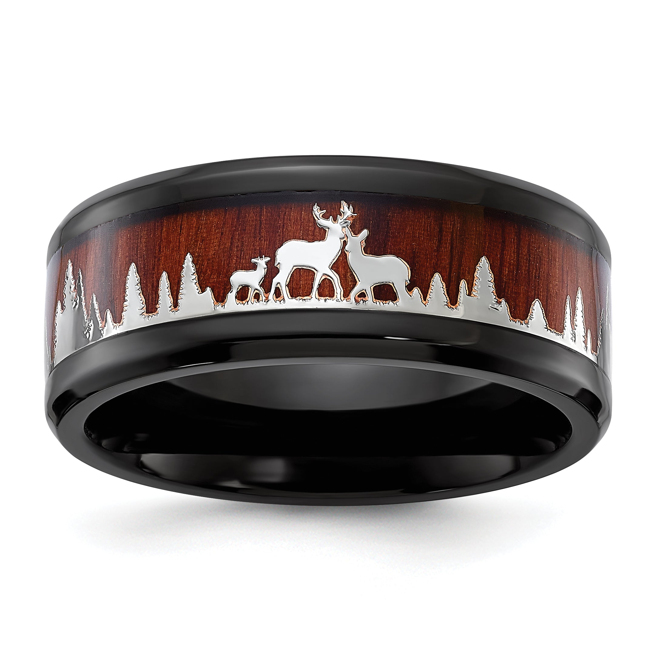 Stainless Steel Polished Black IP-plated with Wood Inlay Deer in Forest Design 9mm Band