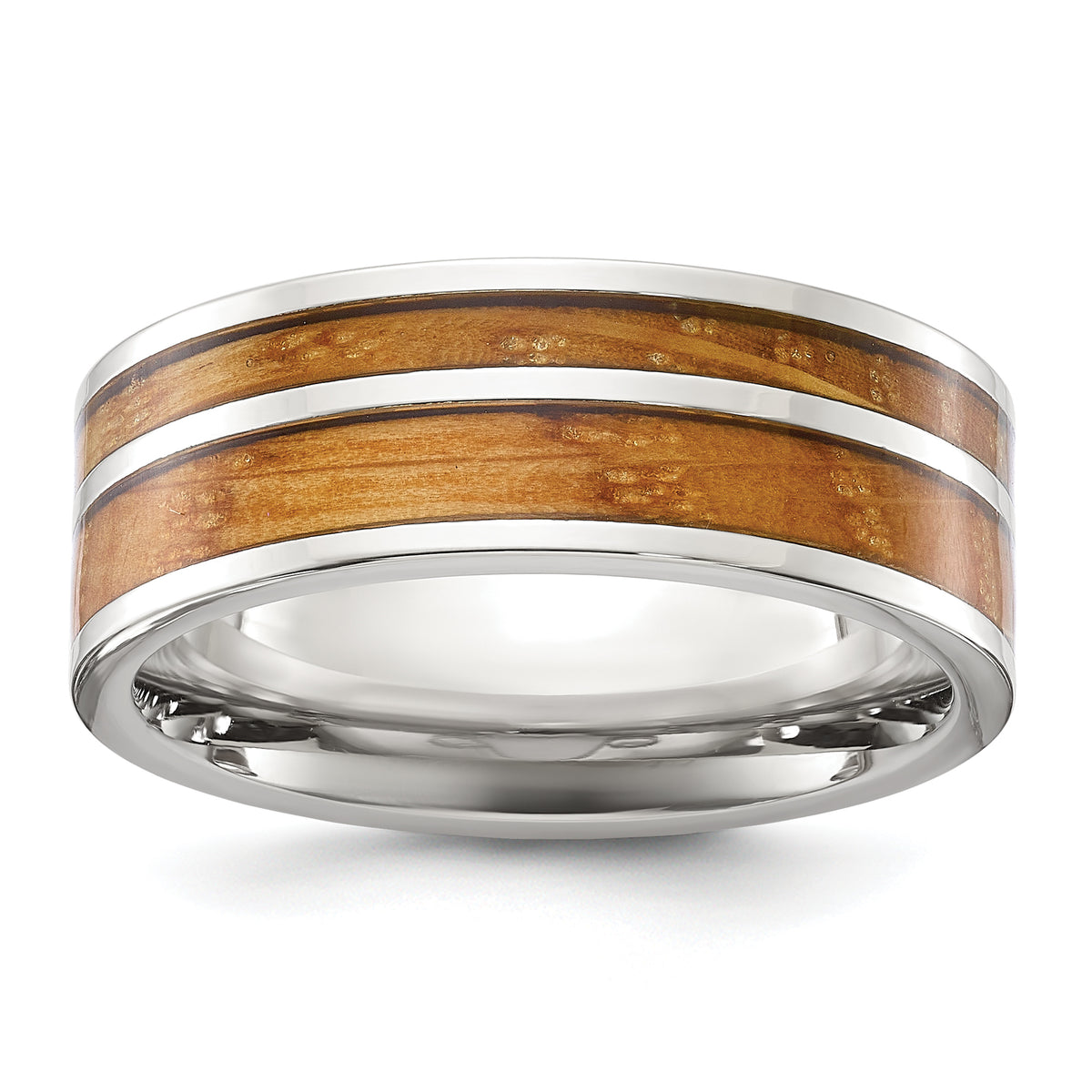 Stainless Steel Polished with Wood Inlay 8mm Band