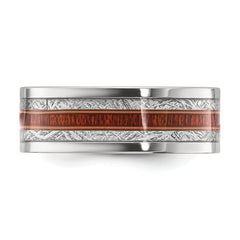 Stainless Steel Polished with Wood and Imitation Meteorite Inlay 8mm Band