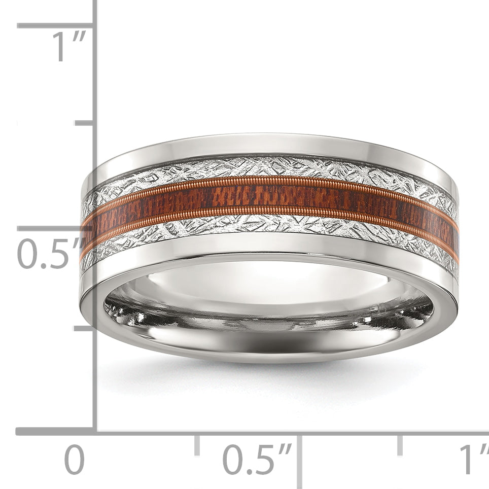 Stainless Steel Polished with Wood and Imitation Meteorite Inlay 8mm Band