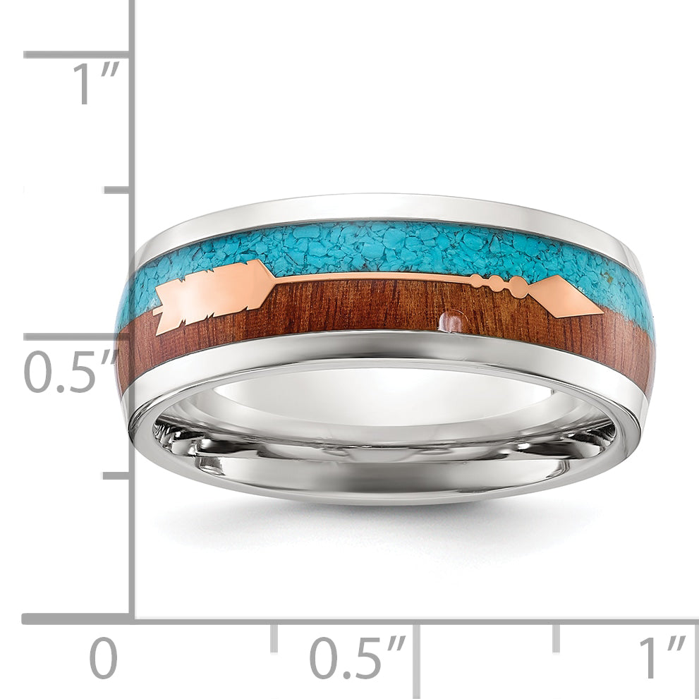 Stainless Steel Polished Arrow with Turquoise and Wood Inlay 8mm Band