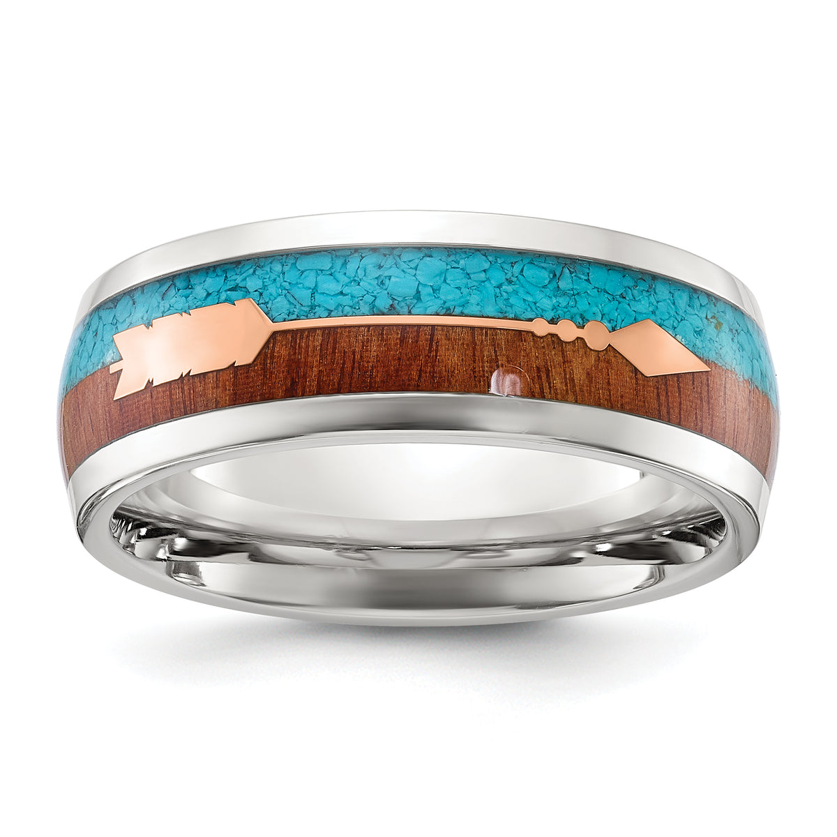 Stainless Steel Polished Arrow with Turquoise and Wood Inlay 8mm Band