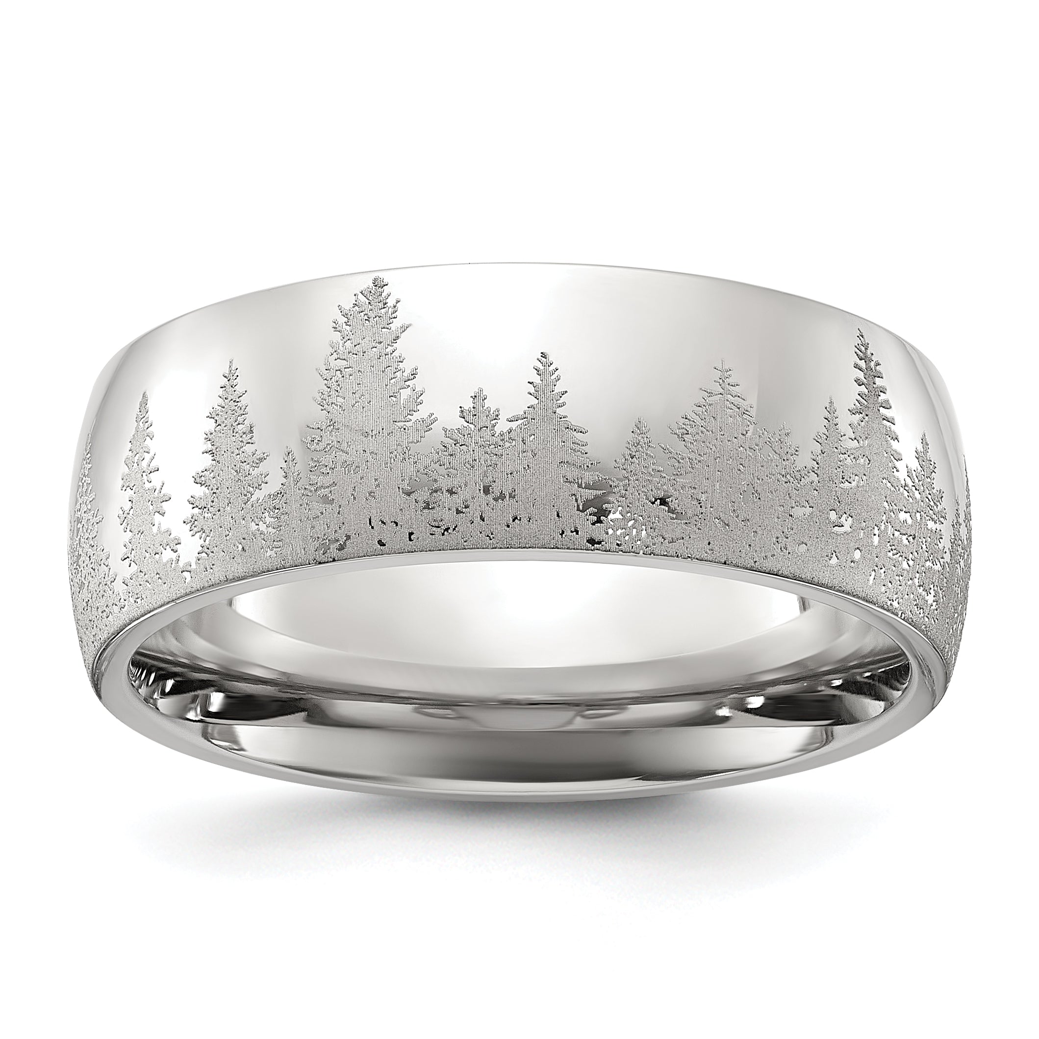 Stainless Steel Polished with Lasered Tree Design 8mm Band
