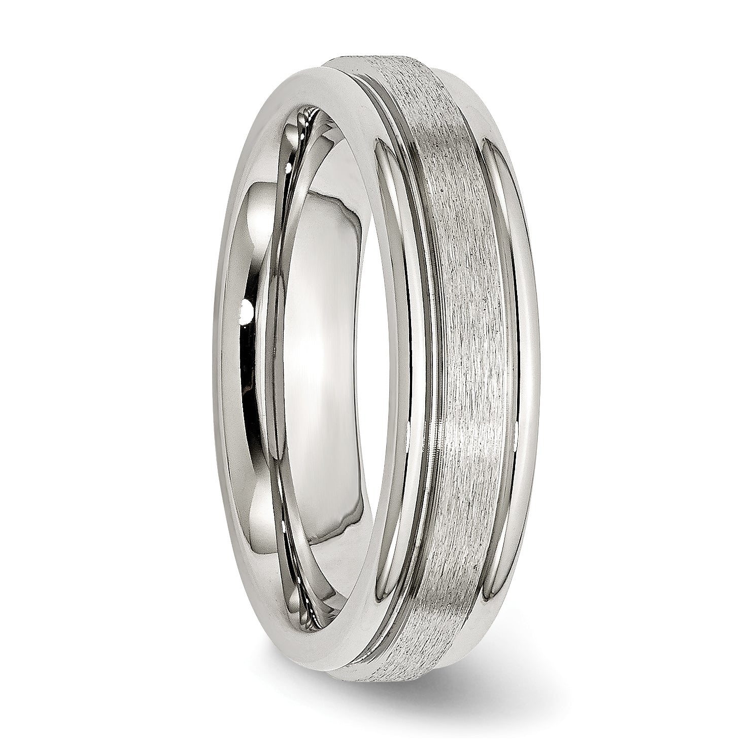 StainleSterling Silver Steel Polished with Satin Center 6mm Grooved Edge Band