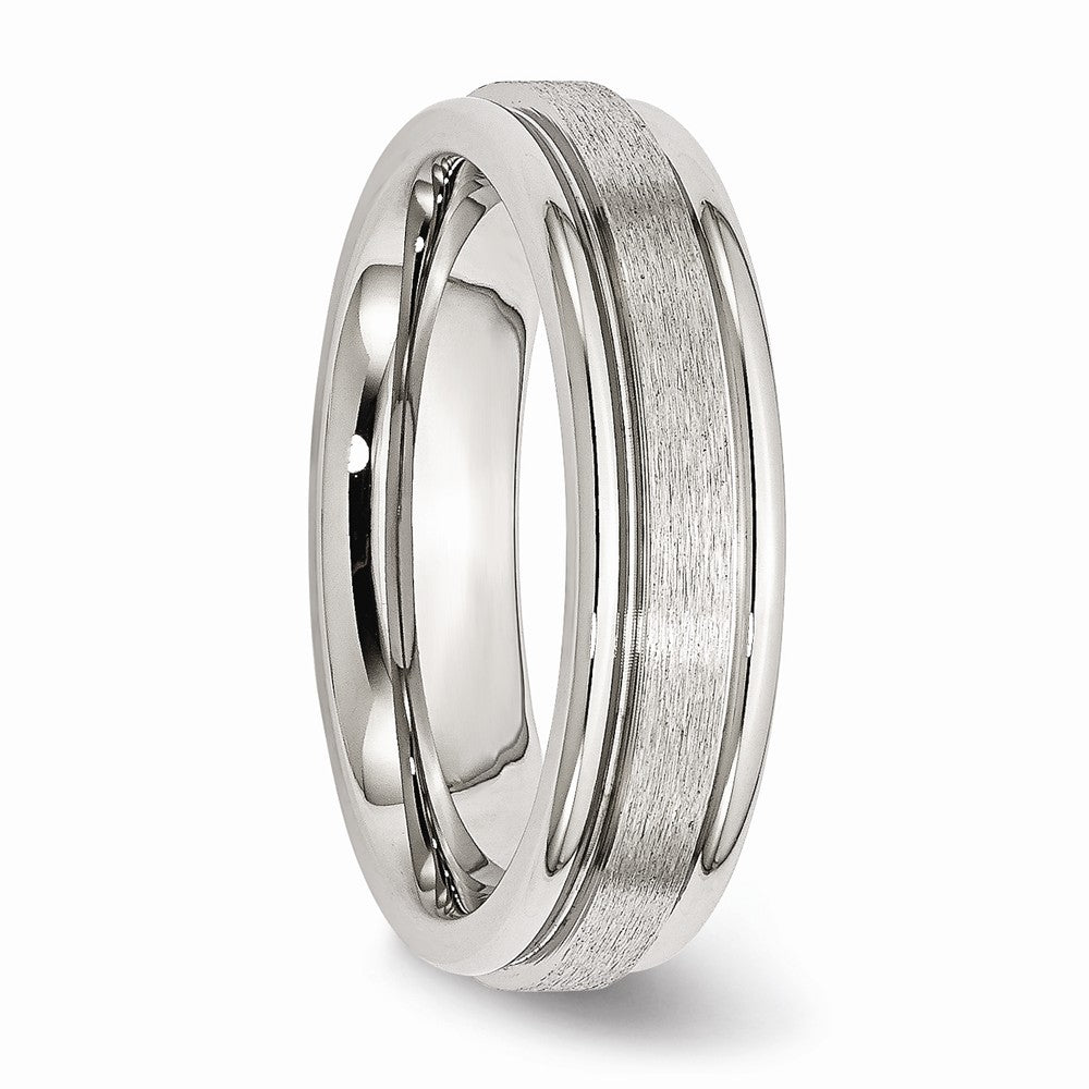 Stainless Steel Wedding Band with Grooved Edge Satin Finish - 6 - 6