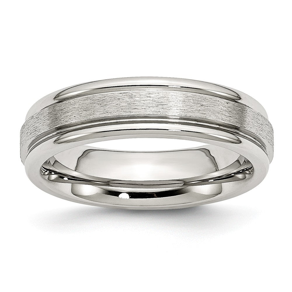 Stainless Steel Wedding Band with Grooved Edge Satin Finish - 6 - 6