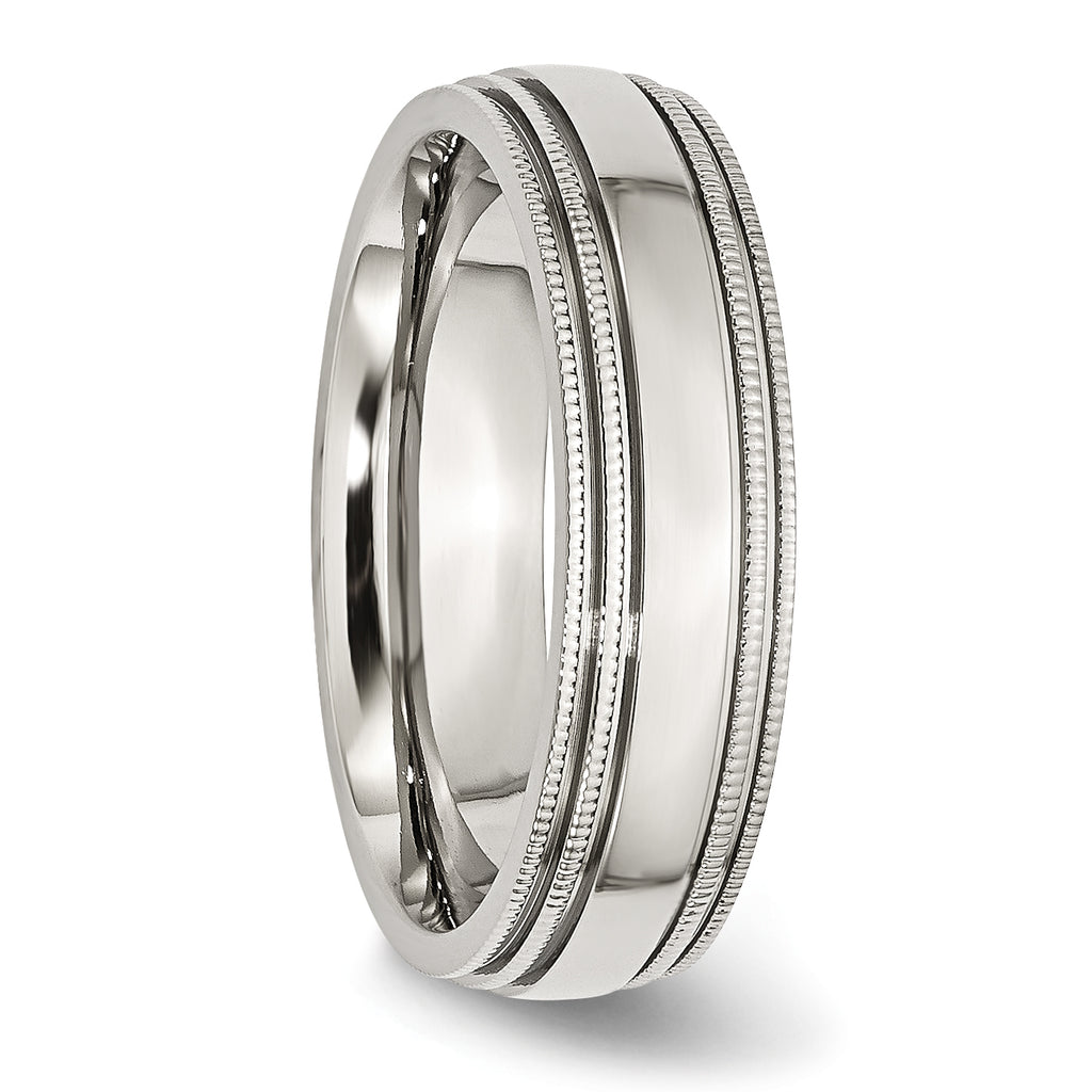 StainleSterling Silver Steel Polished 6mm Grooved and Beaded Band