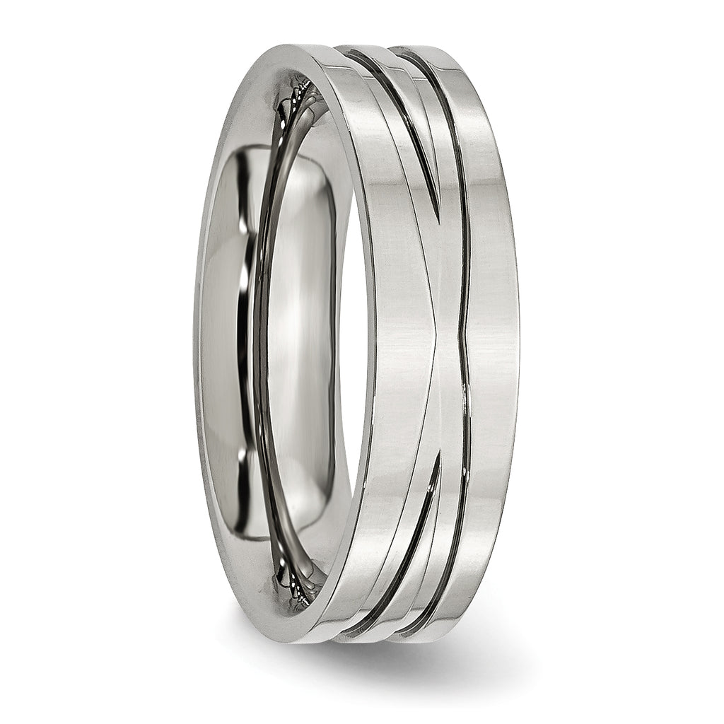 Grooved Wedding Band in Stainless Steel, 6mm