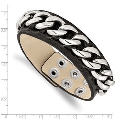 Stainless Steel Black Leather w/Chain 8.5in Bracelet - 8.5