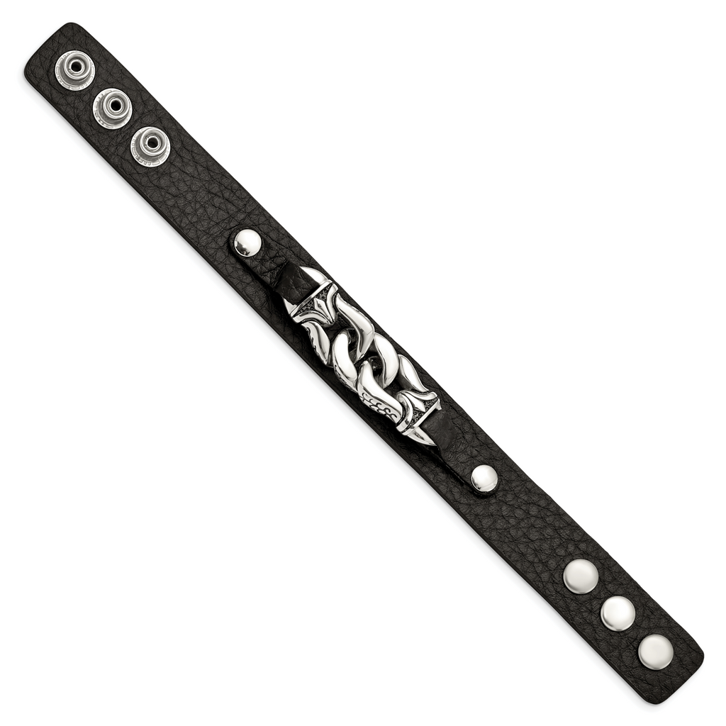 Stainless Steel Black Leather w/Antiqued Chain 8.5in Bracelet