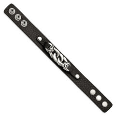 Stainless Steel Black Leather w/Antiqued Chain 8.5in Bracelet - 8.5