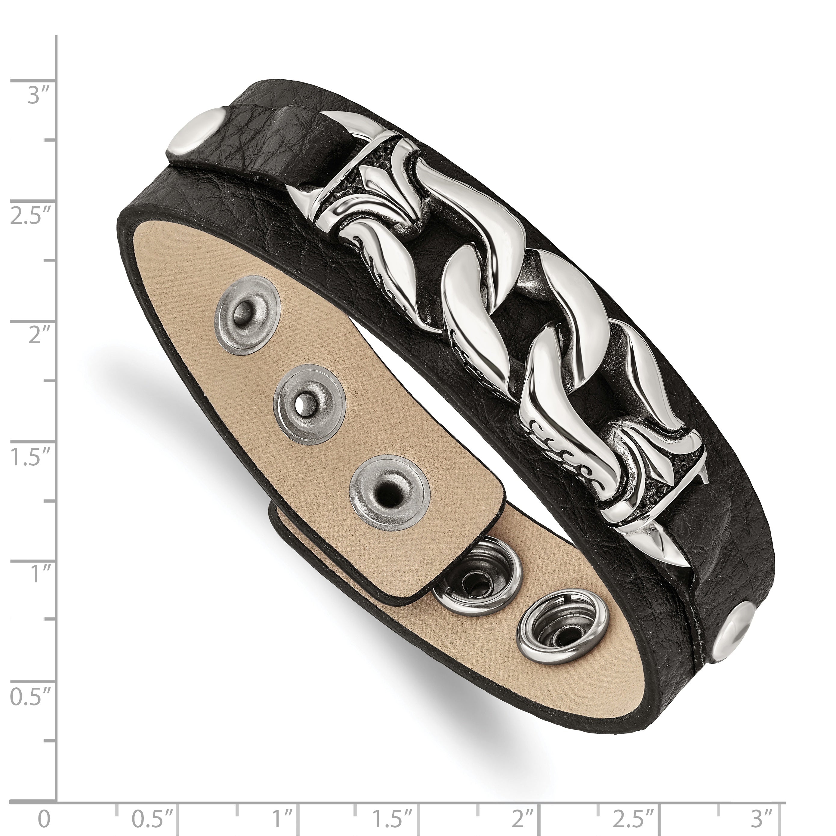 Stainless Steel Black Leather w/Antiqued Chain 8.5in Bracelet - 8.5