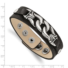 Stainless Steel Black Leather w/Antiqued Chain 8.5in Bracelet - 8.5