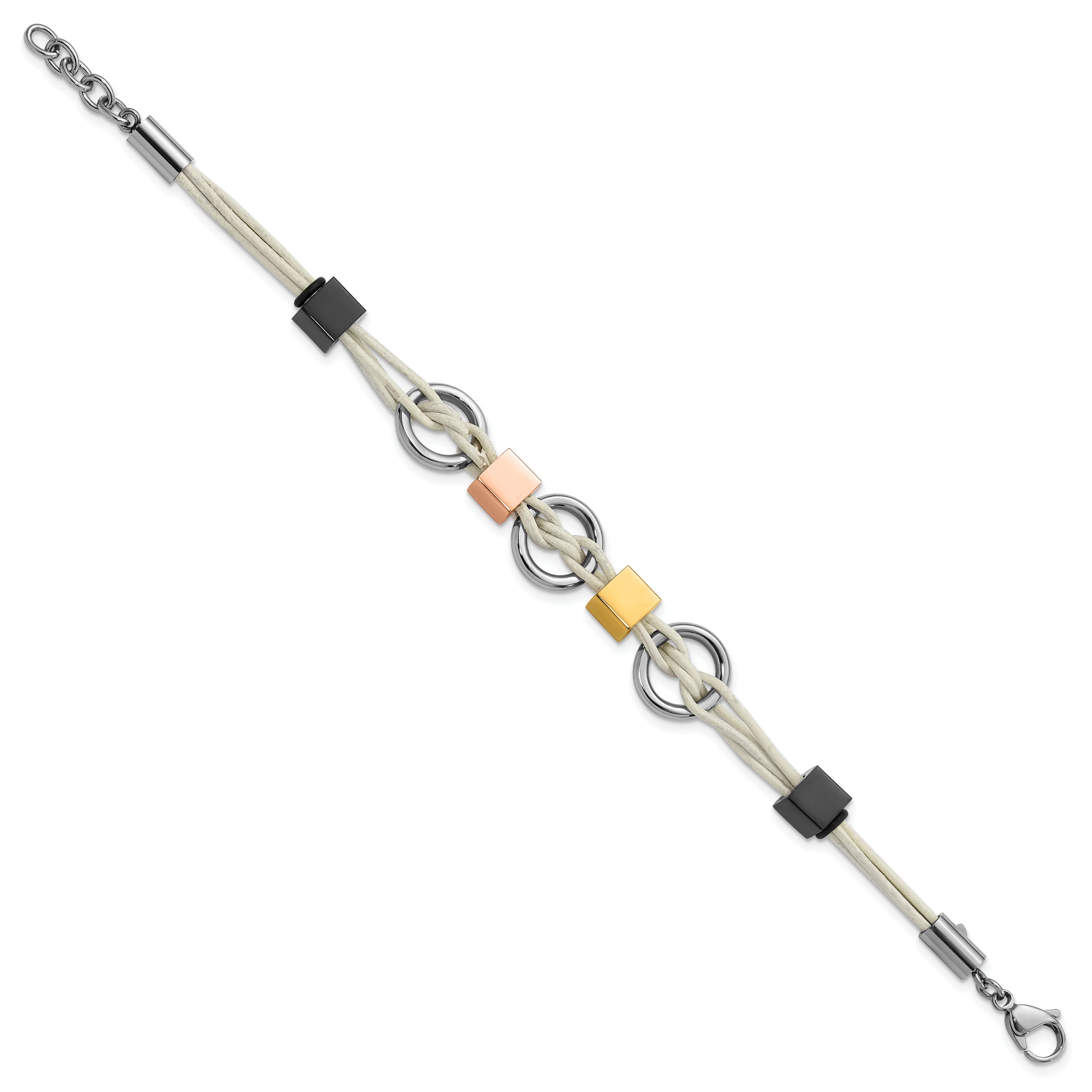 Stainless Steel Multi IP-Plated Beads & White Leather w/.75in ext Bracelet - 9