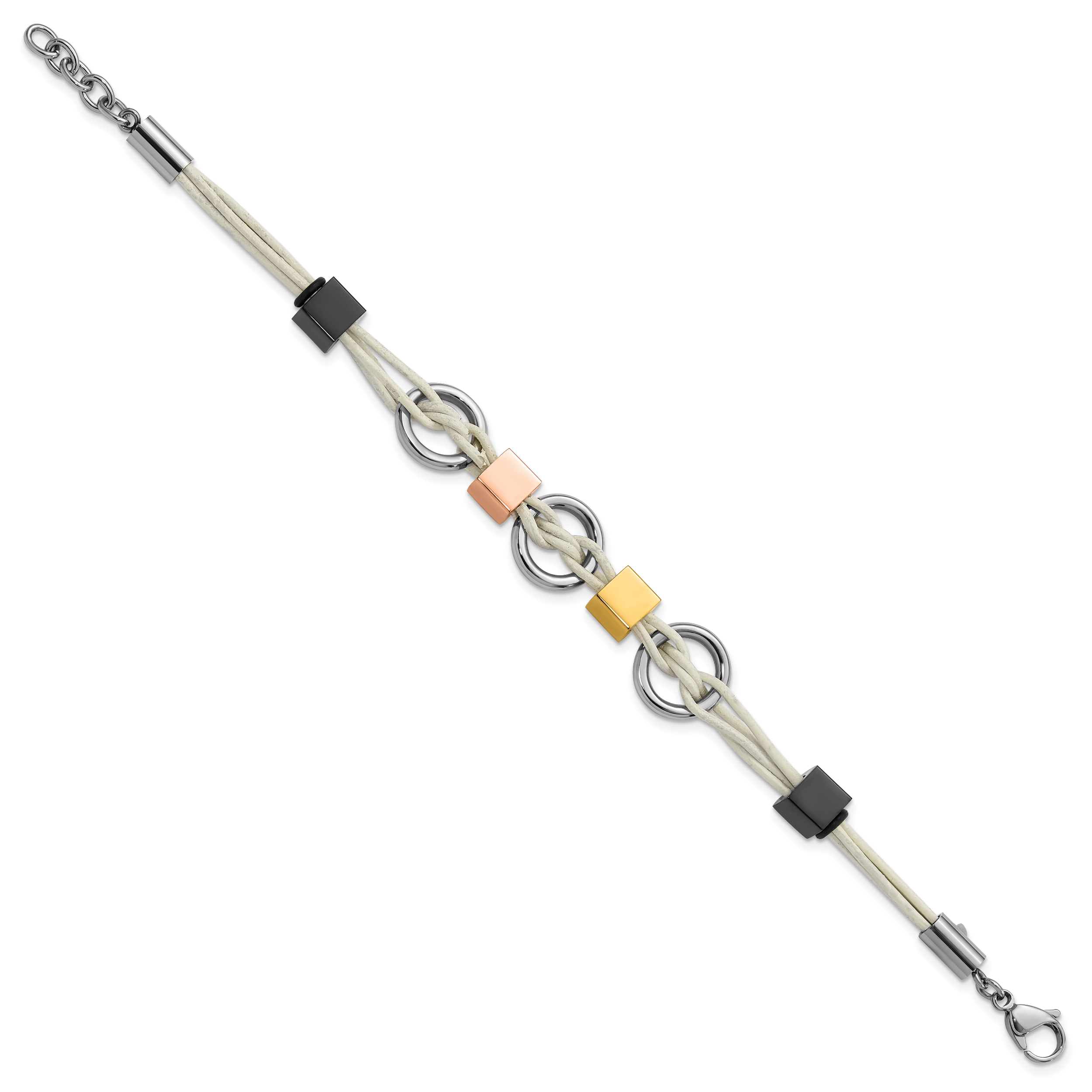Multi-Tone Beaded Leather Bracelet in Stainless Steel