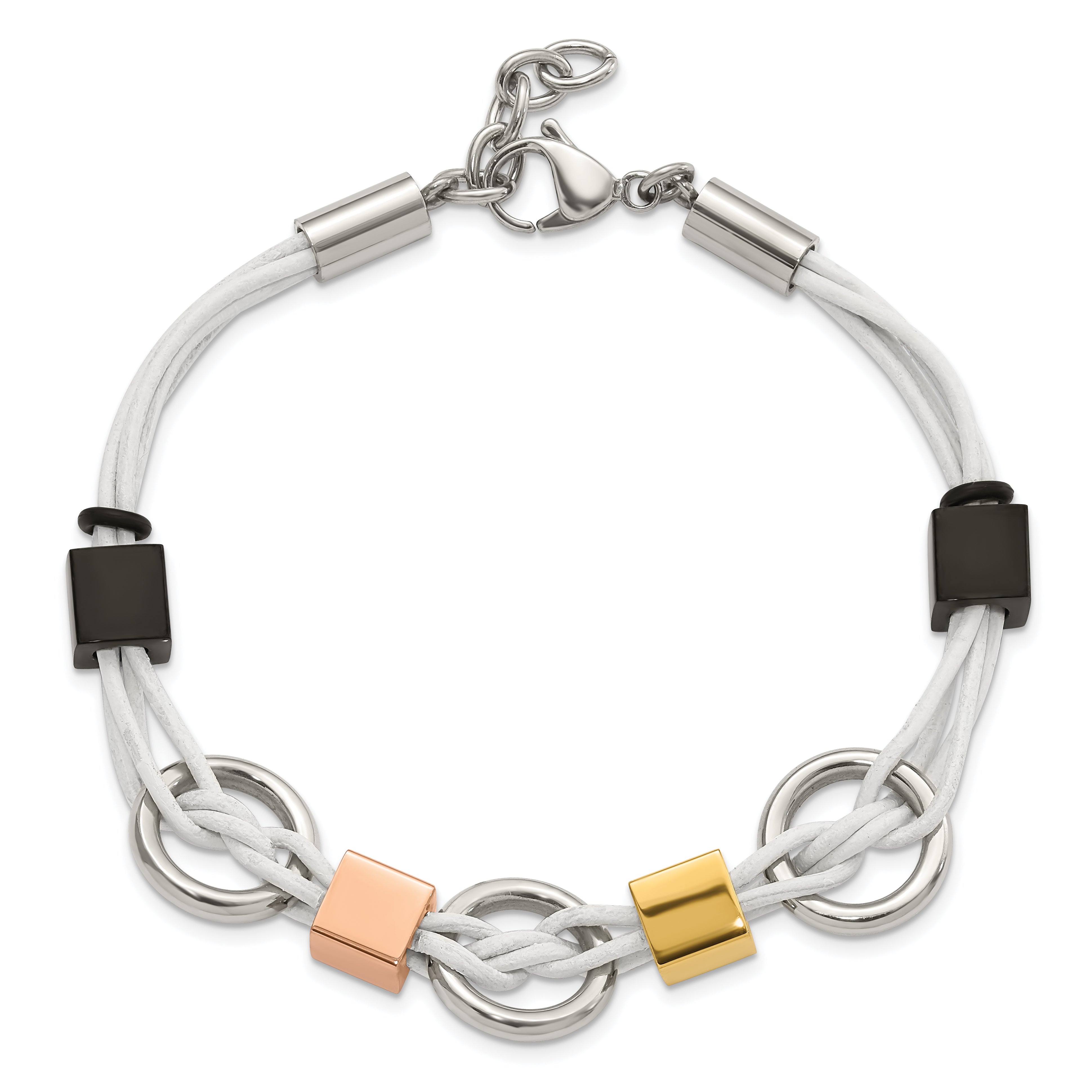 Stainless Steel Multi IP-Plated Beads & White Leather w/.75in ext Bracelet - 9