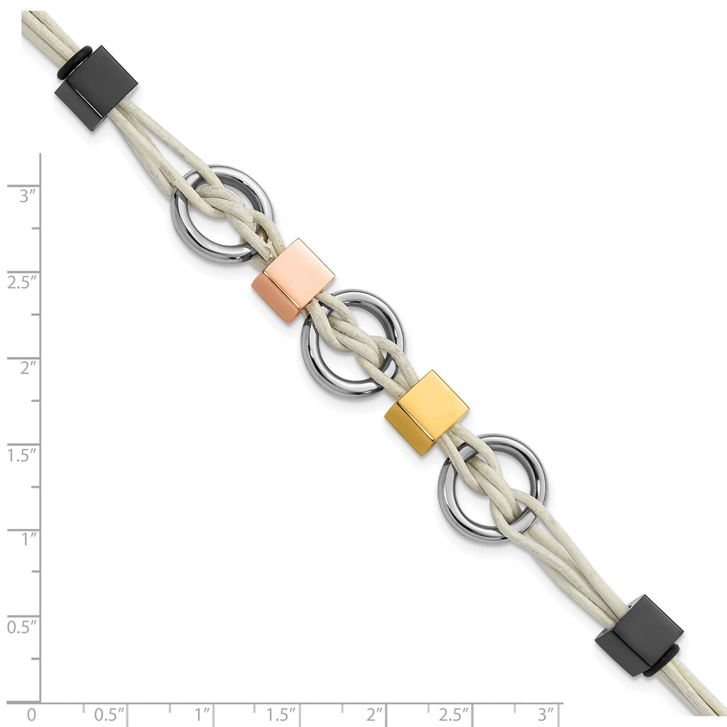 Multi-Tone Beaded Leather Bracelet in Stainless Steel