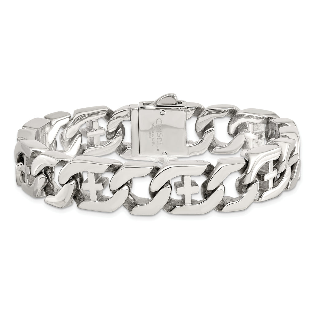Chisel Stainless Steel Polished Crosses 8.5 inch Link Bracelet