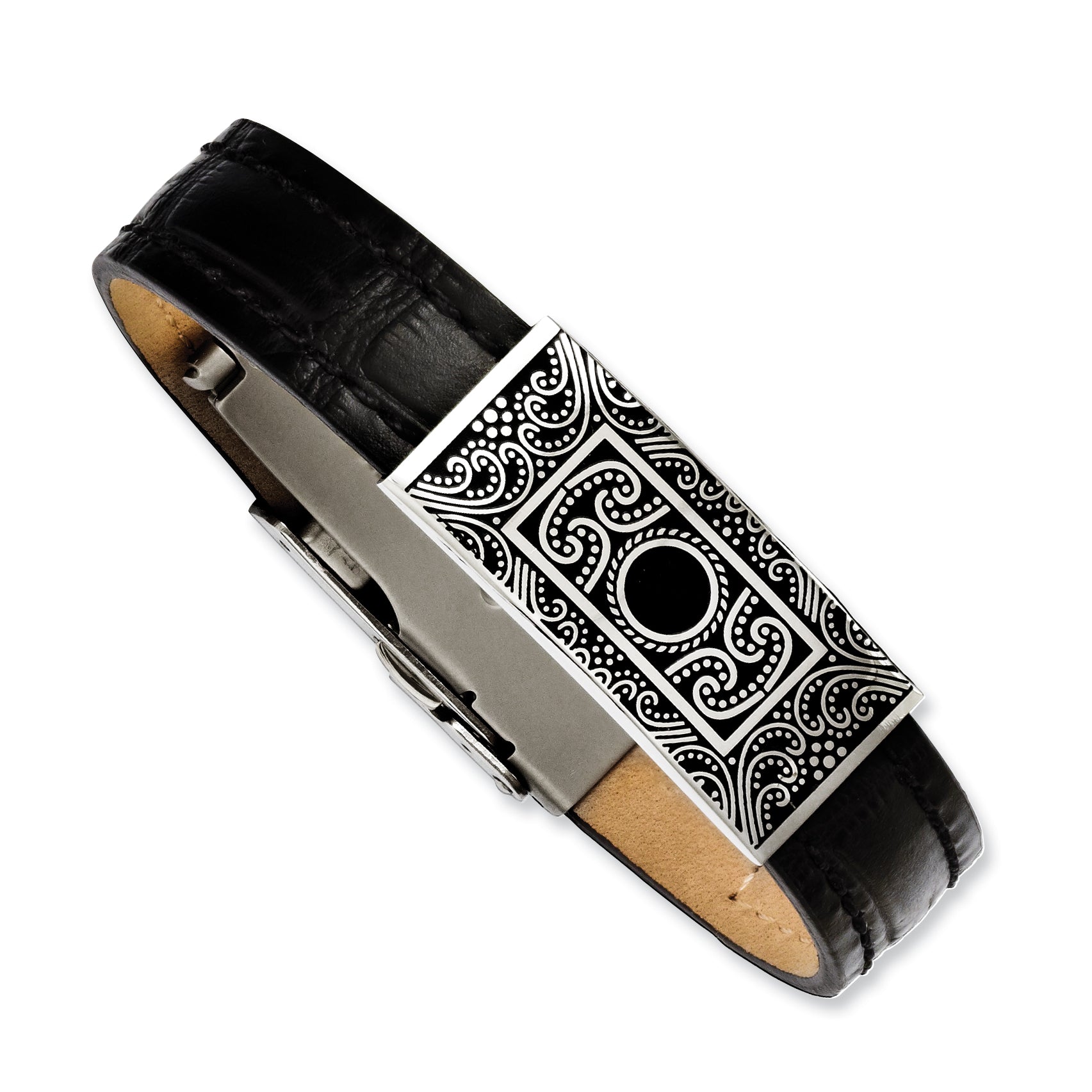 Stainless Steel Black Leather WithDecorative Accent 7.5in Bracelet