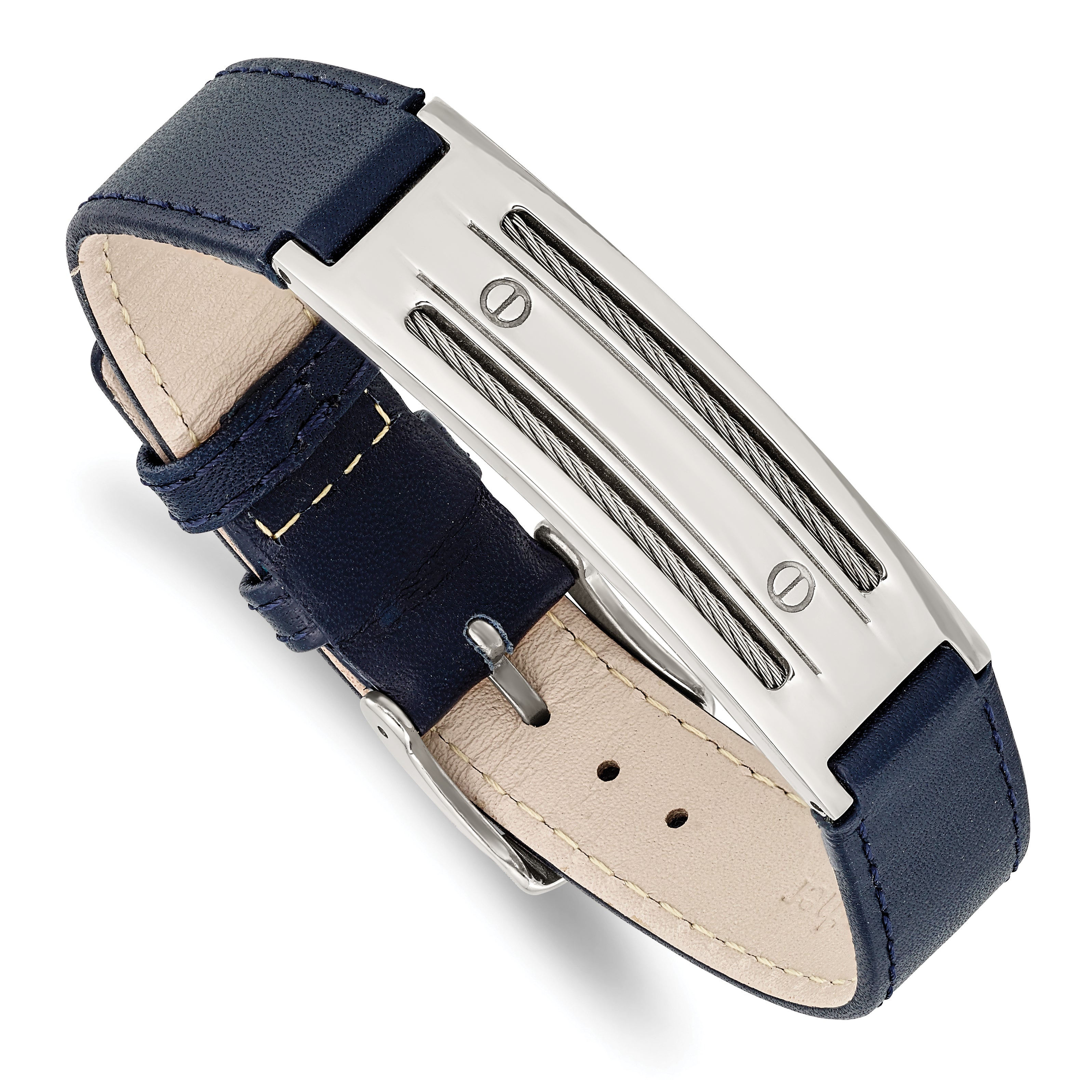 Stainless Steel Polished Blue Leather w/Wire Adjustable Buckle Bracelet Main image