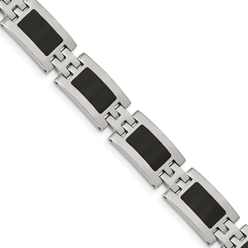 Polished Link Bracelet in Stainless Steel with Black Enamel