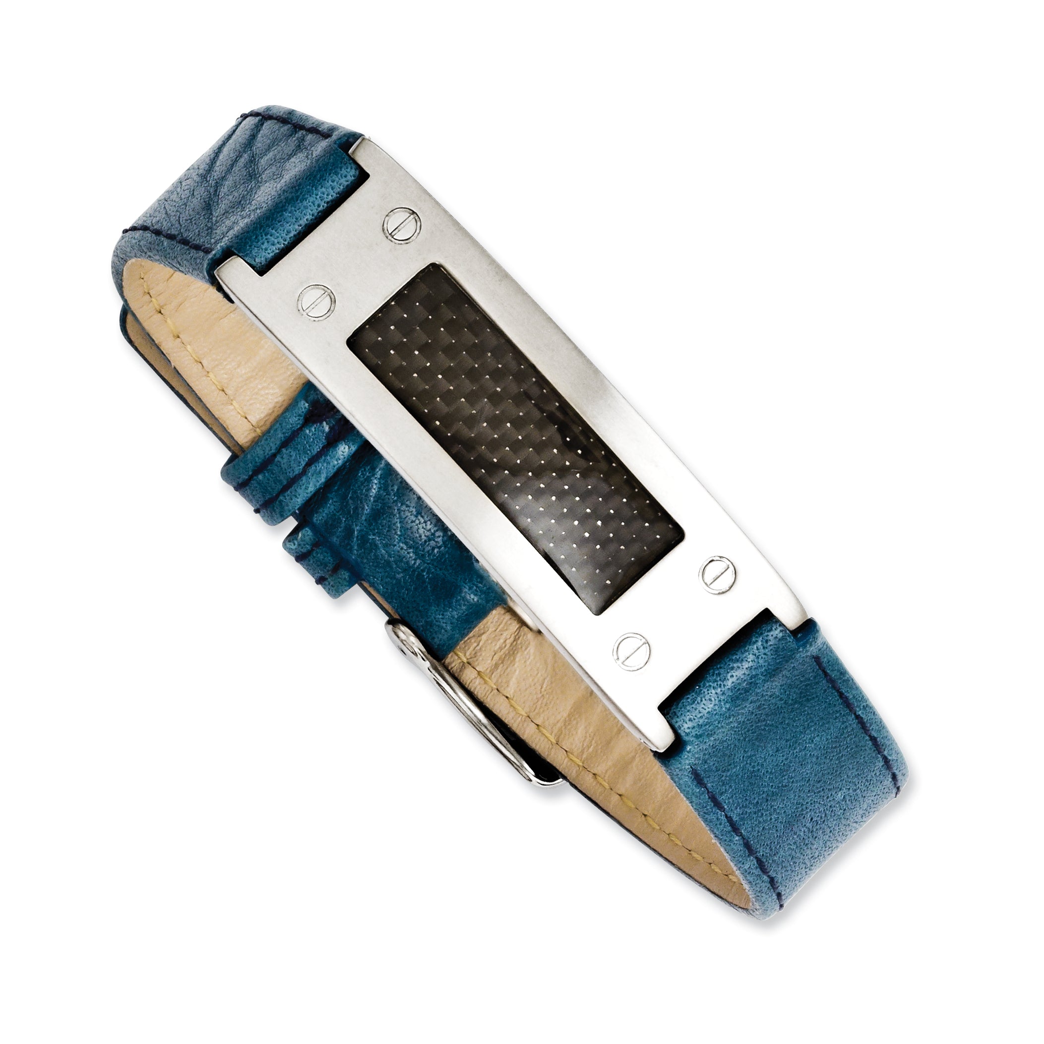 Stainless Steel Textured Blue Leather WithCarbon Fiber Inlay Buckle Bracelet
