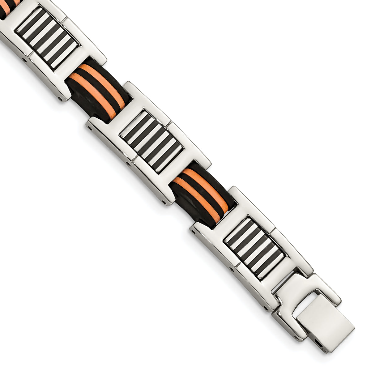 Chisel Stainless Steel Polished with Black and Orange Rubber 8.5 inch Link Bracelet