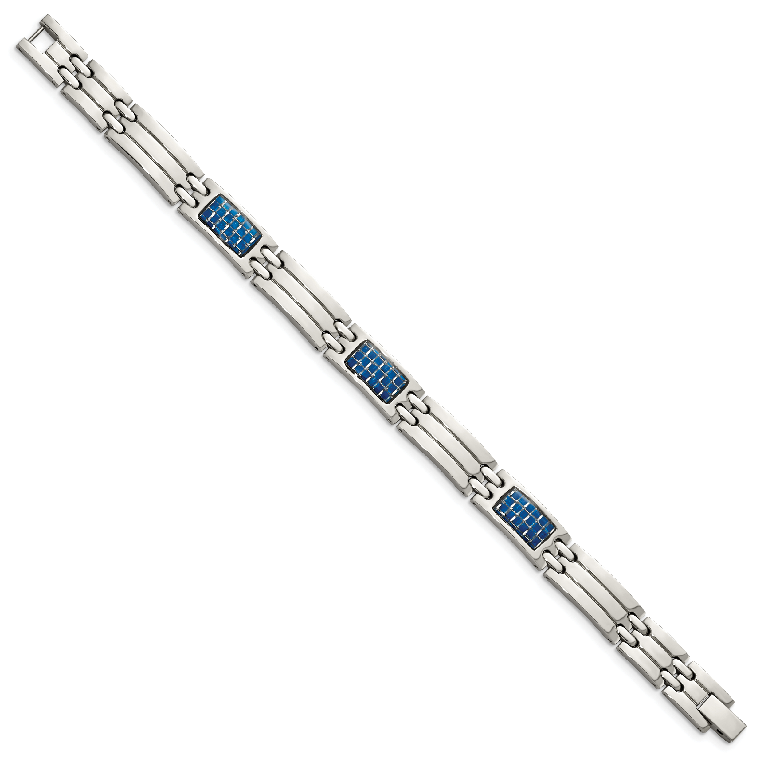 Blue Carbon Fiber Inlay Link Bracelet in Stainless Steel
