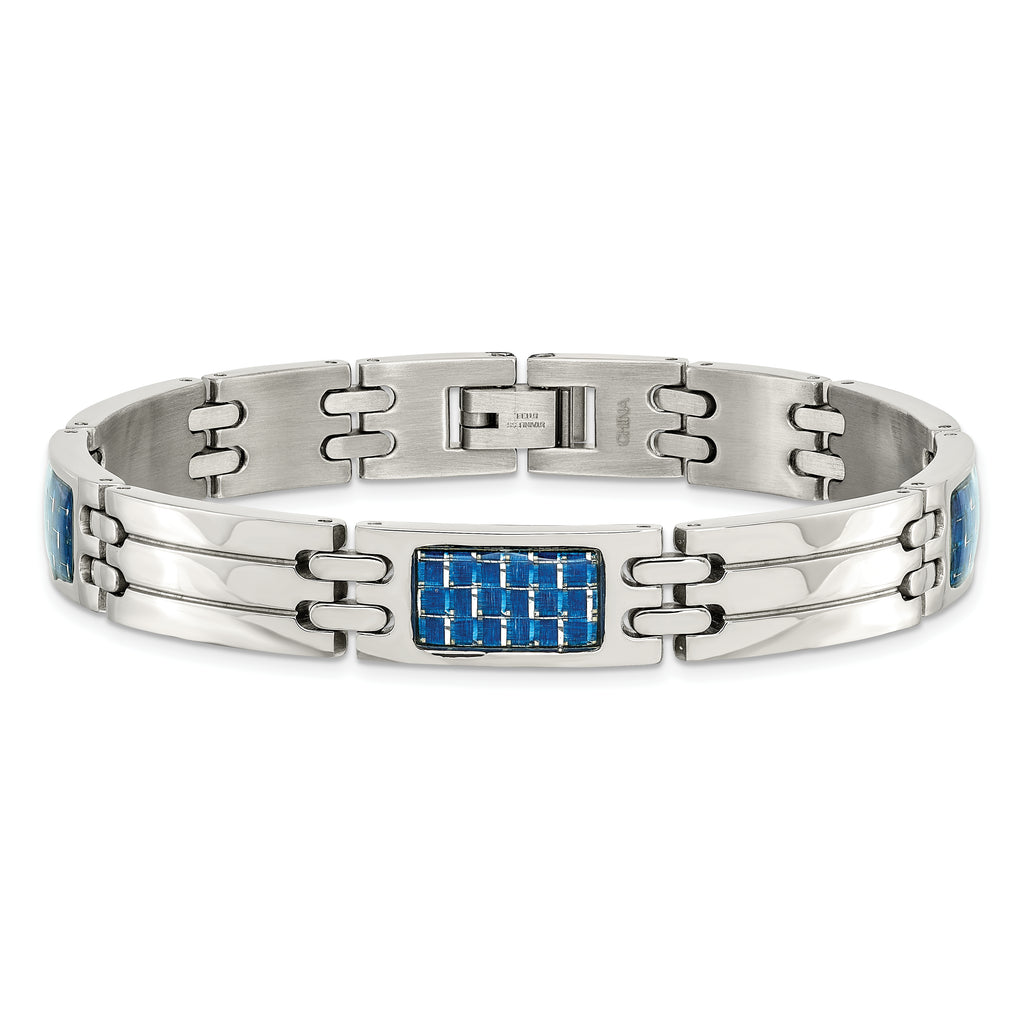 Blue Carbon Fiber Inlay Link Bracelet in Stainless Steel