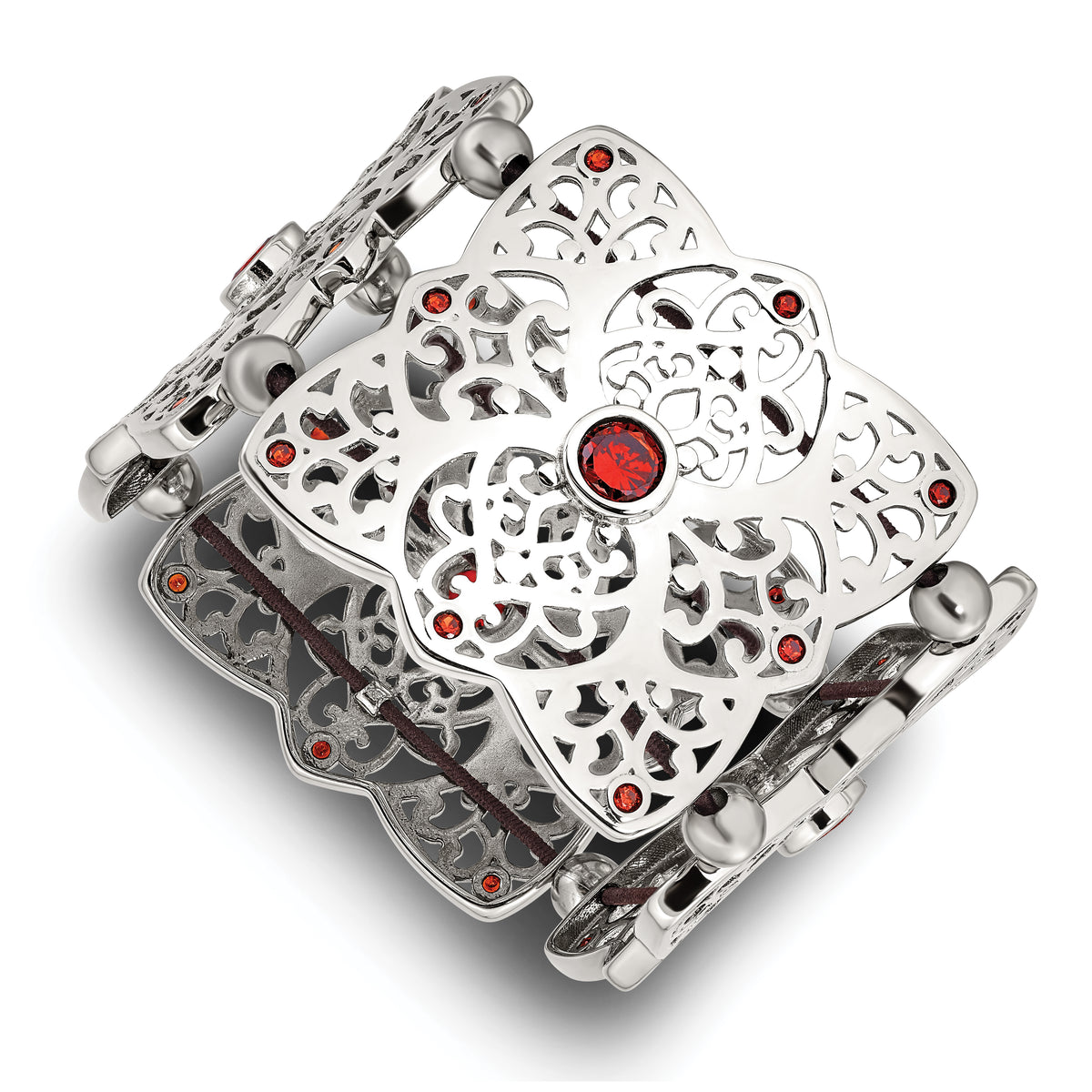 Stainless Steel Polished w/Red CZ Stretch Bracelet