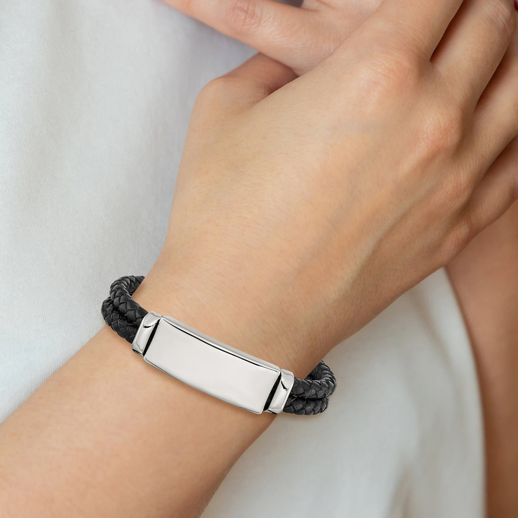 Woven Leather Multi-Strand ID Bracelet in Stainless Steel