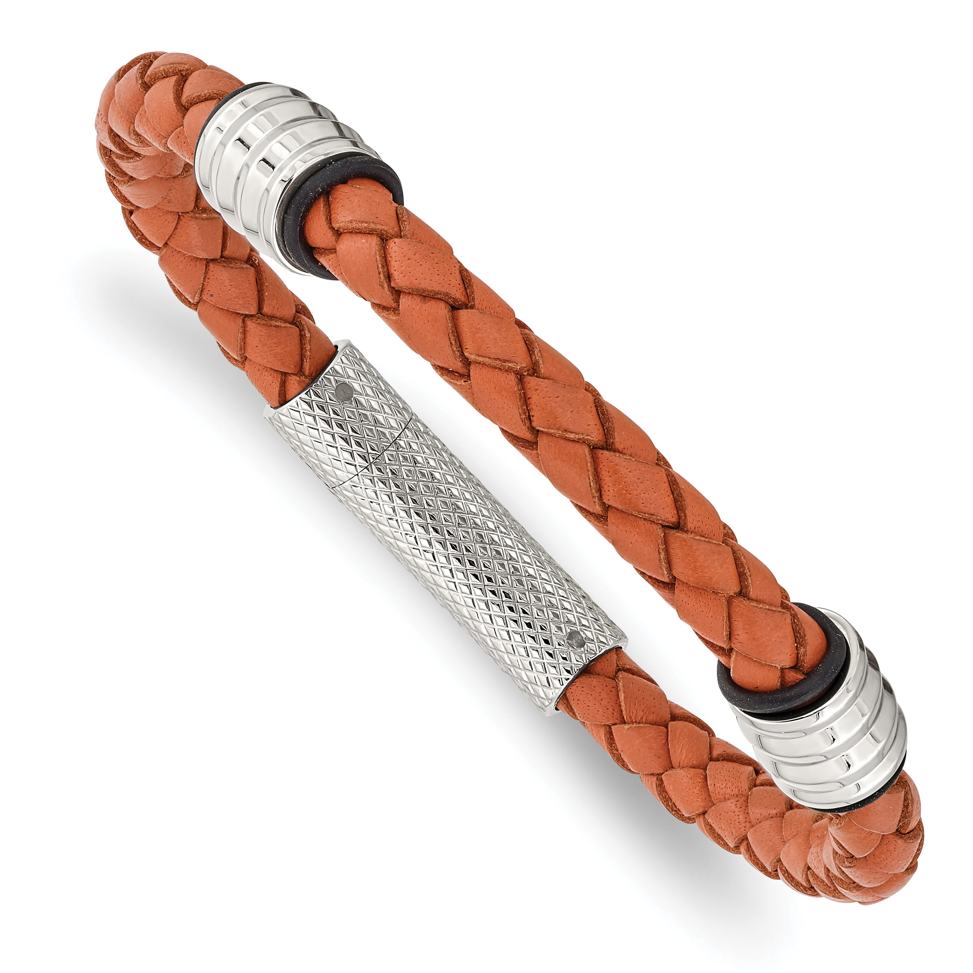 Chisel Stainless Steel Polished Orange Braided Leather and Black Rubber 8.25 inch Bracelet