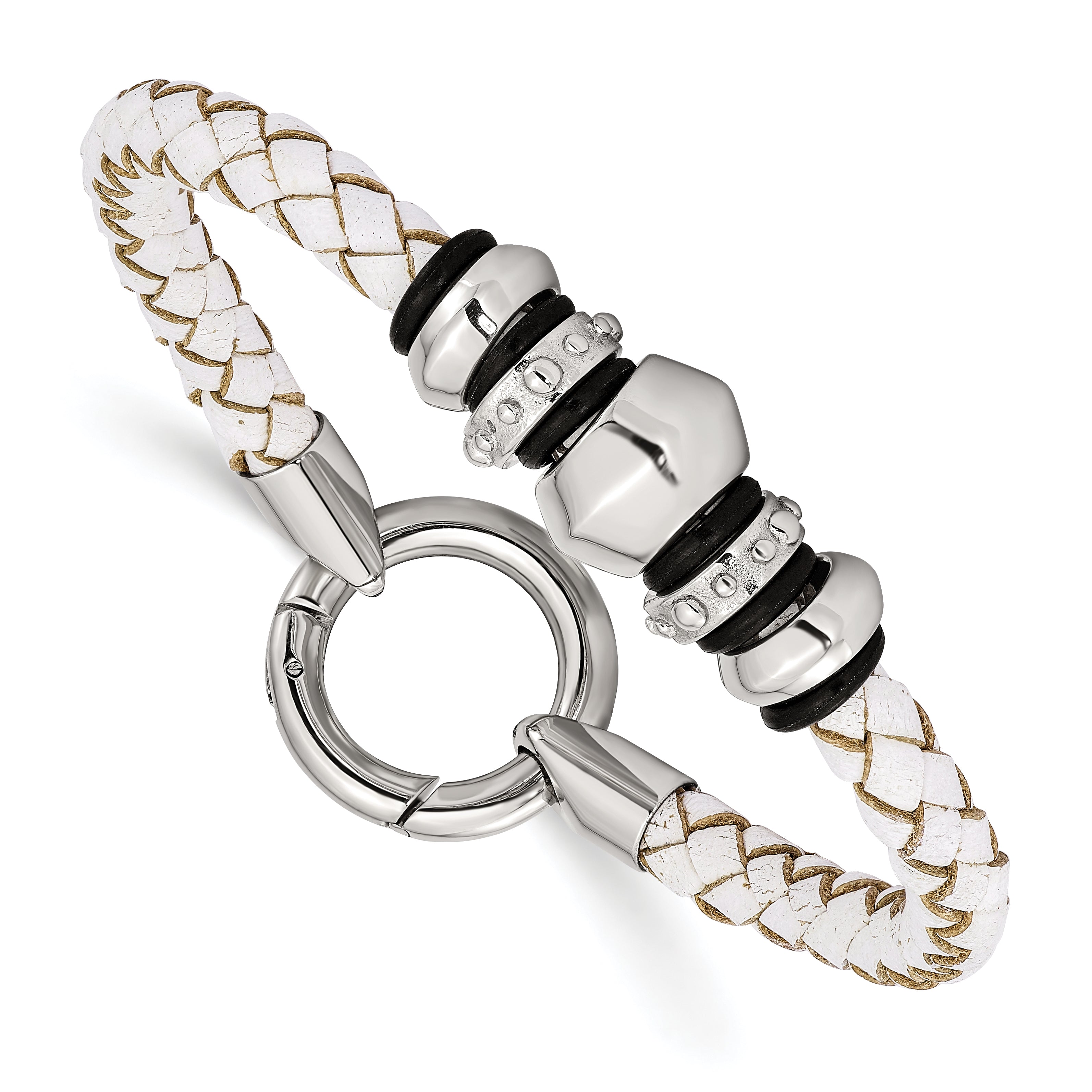 Stainless Steel Polished White Leather & Black Rubber 8.25in Bracelet Main image