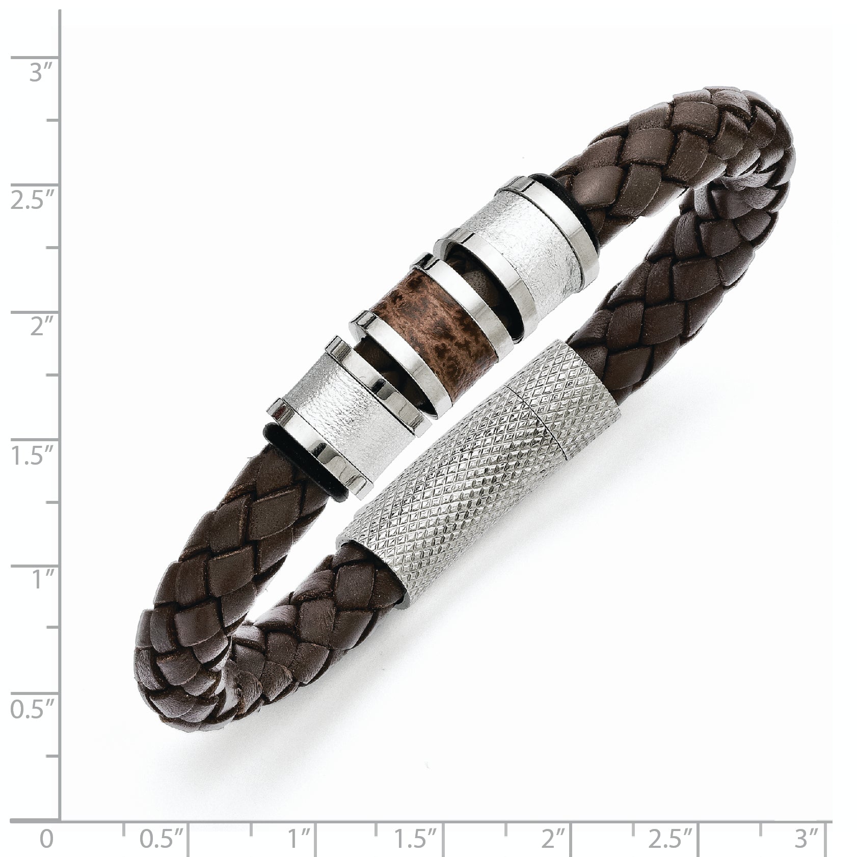 Chisel Stainless Steel Polished and Textured Brown and Metallic Color Leather with Black Rubber 8.25 inch Bracelet