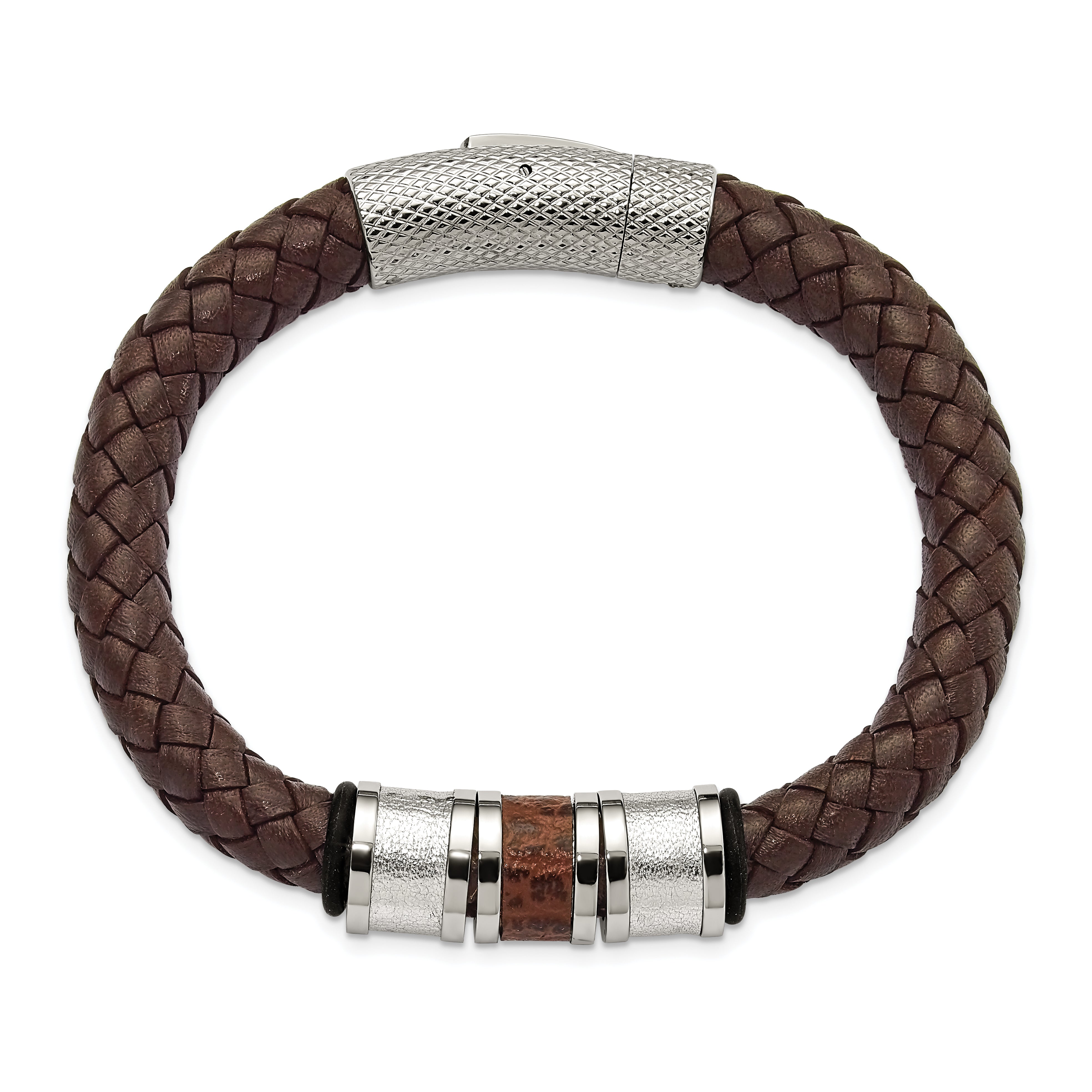 Chisel Stainless Steel Polished and Textured Brown and Metallic Color Leather with Black Rubber 8.25 inch Bracelet Secondary image