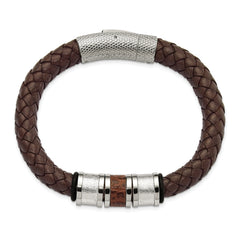 Chisel Stainless Steel Polished and Textured Brown and Metallic Color Leather with Black Rubber 8.25 inch Bracelet