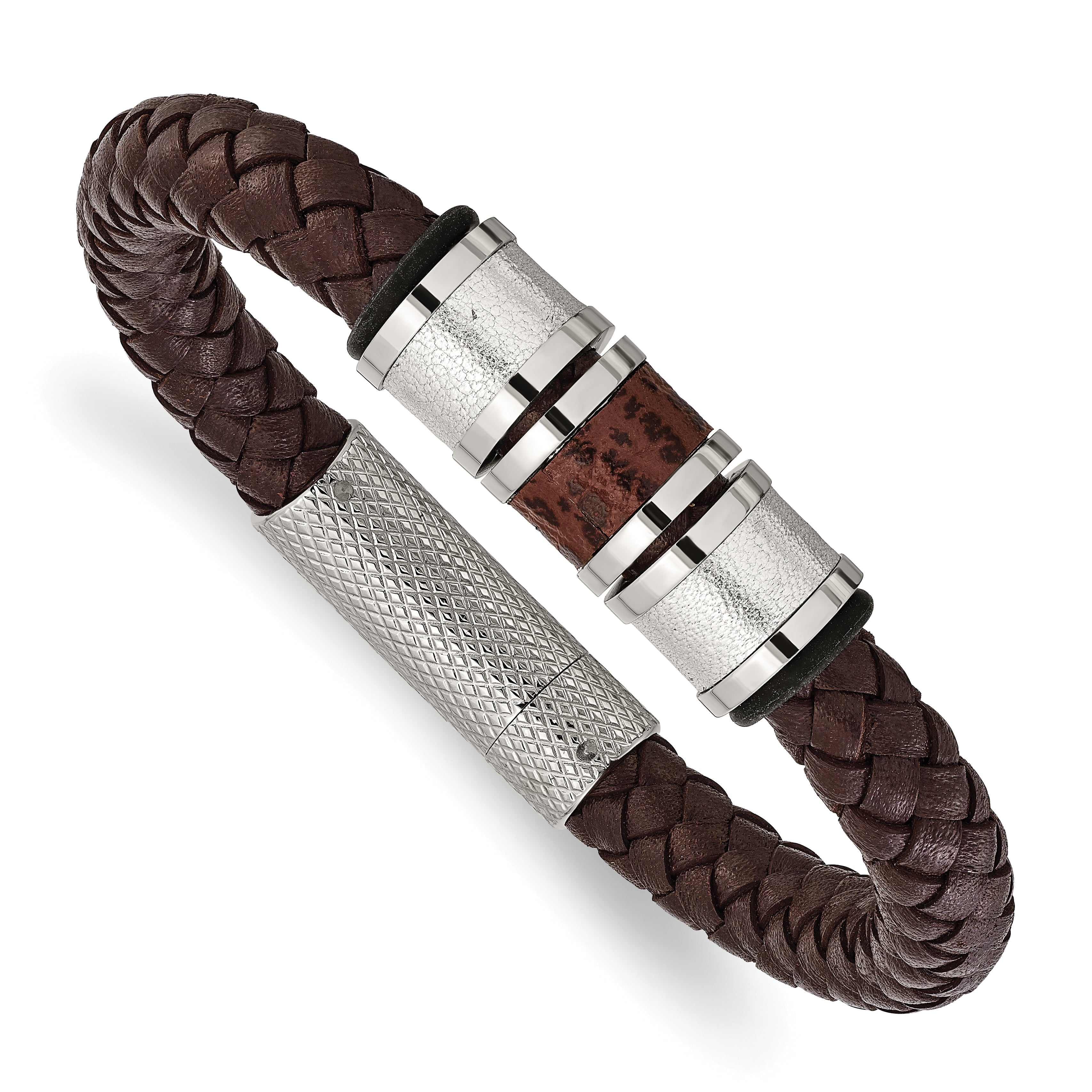 Chisel Stainless Steel Polished and Textured Brown and Metallic Color Leather with Black Rubber 8.25 inch Bracelet Main image