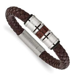 Chisel Stainless Steel Polished and Textured Brown and Metallic Color Leather with Black Rubber 8.25 inch Bracelet