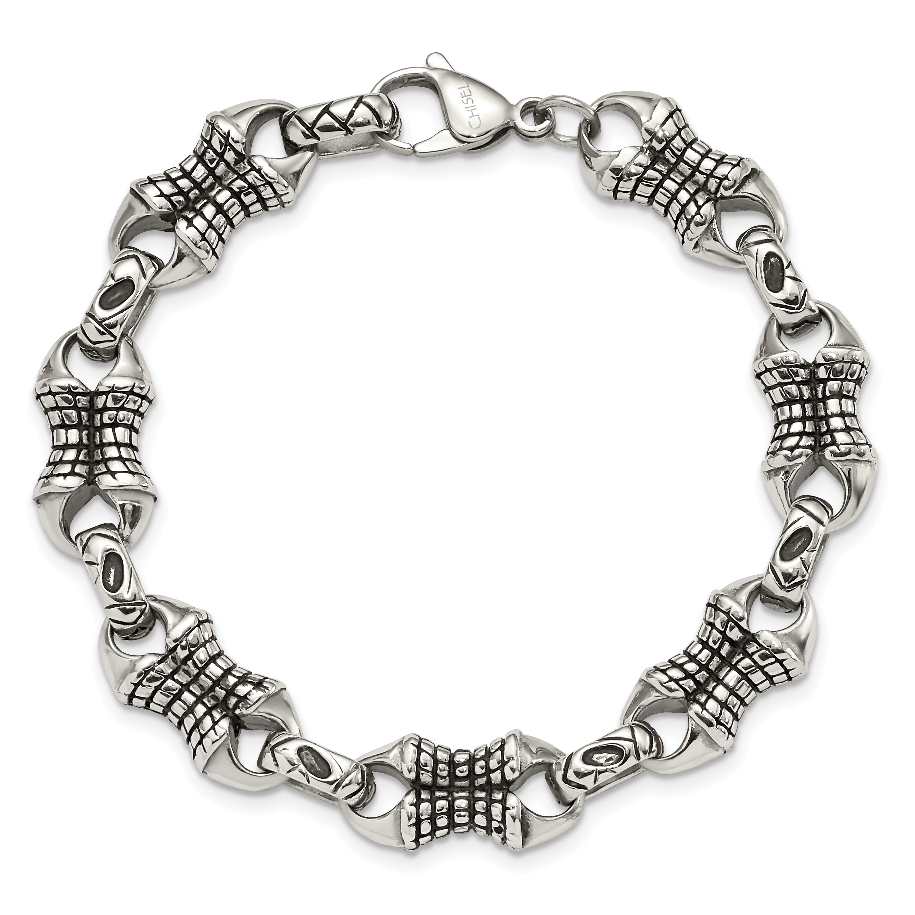 Chisel Stainless Steel Antiqued and Polished 8.75 inch Patterned Link Bracelet