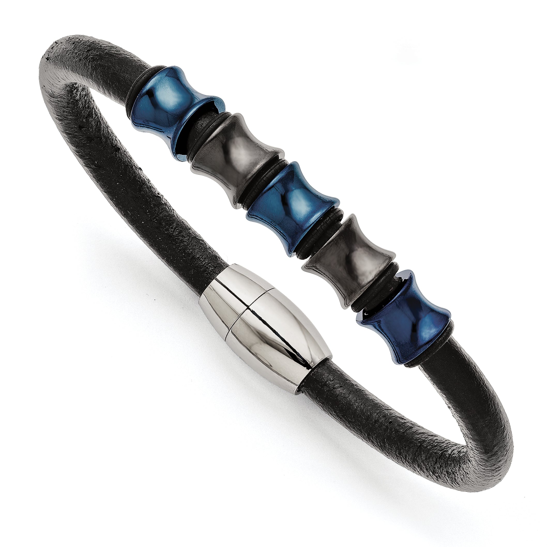 Stainless Steel Blue & Black IP-plated Black Leather Bracelet