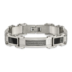 Chisel Stainless Steel Polished with Cable and Black Carbon Fiber Inlay 8.75 inch Link Bracelet