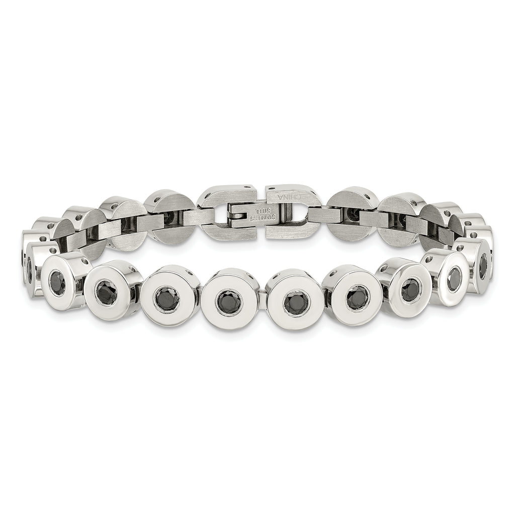 Stainless Steel Polished w/Black CZ 7.5in Bracelet