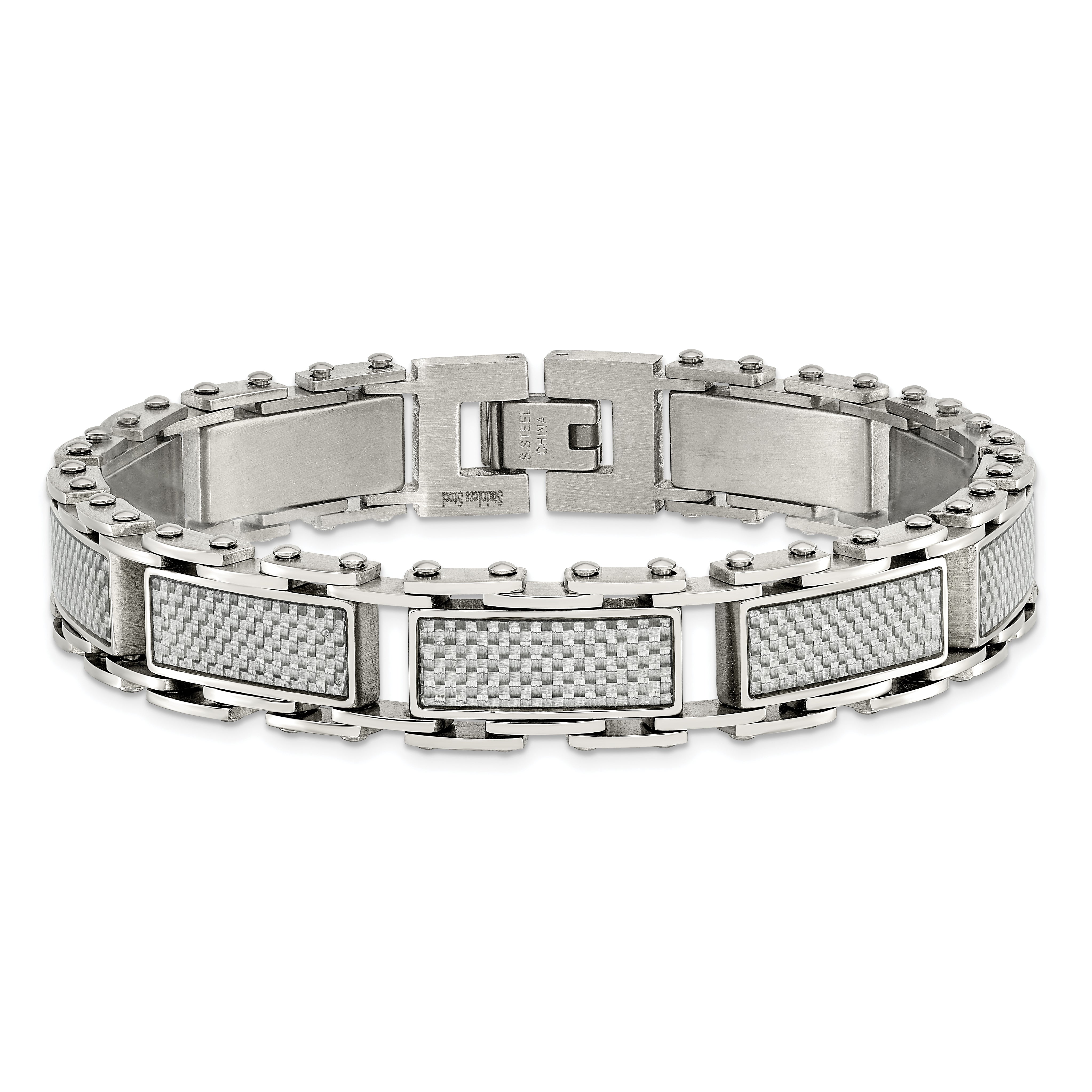 Chisel Stainless Steel Polished with Grey Carbon Fiber Inlay 8.5 inch Link Bracelet