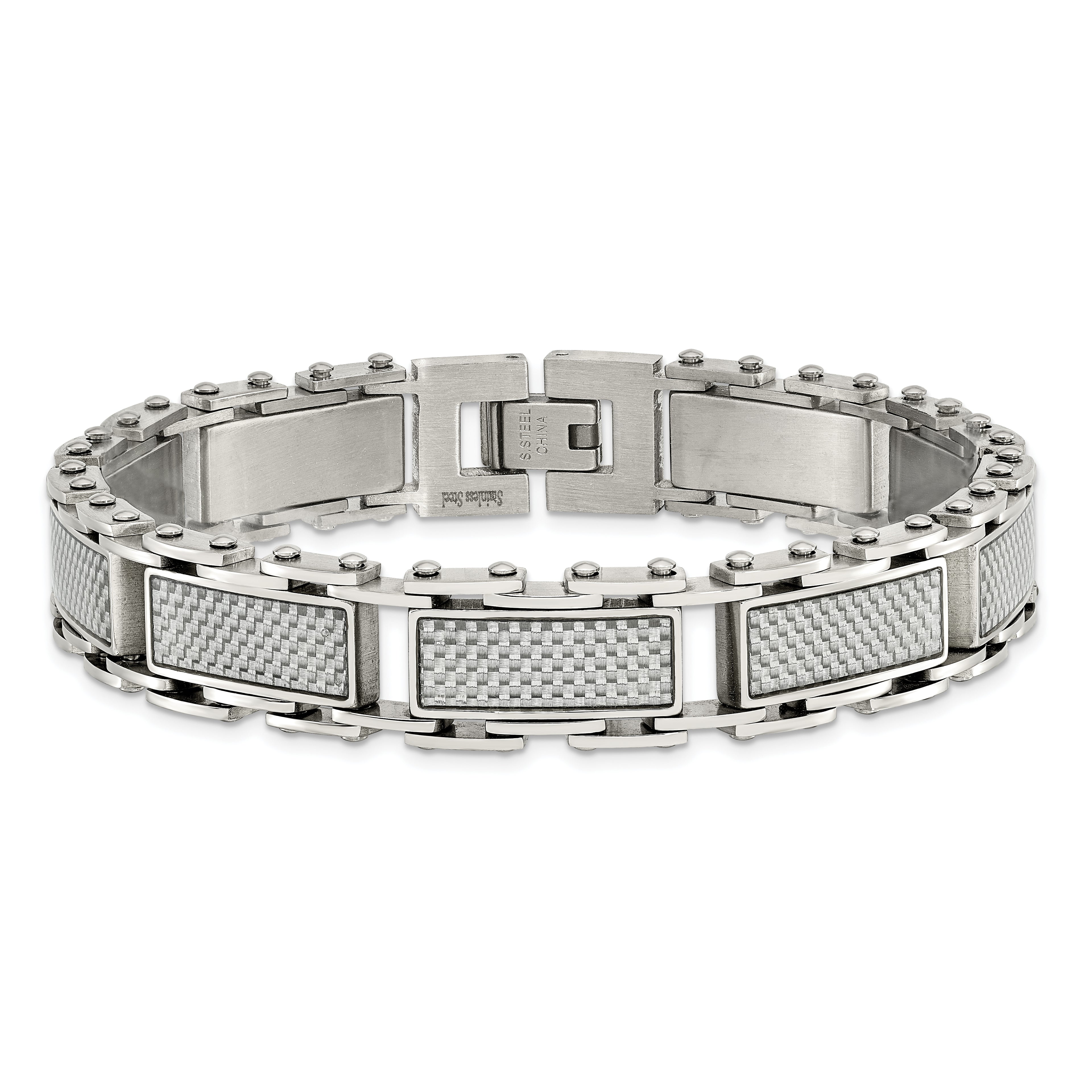 Carbon Fiber Inlay Link Bracelet in Stainless Steel