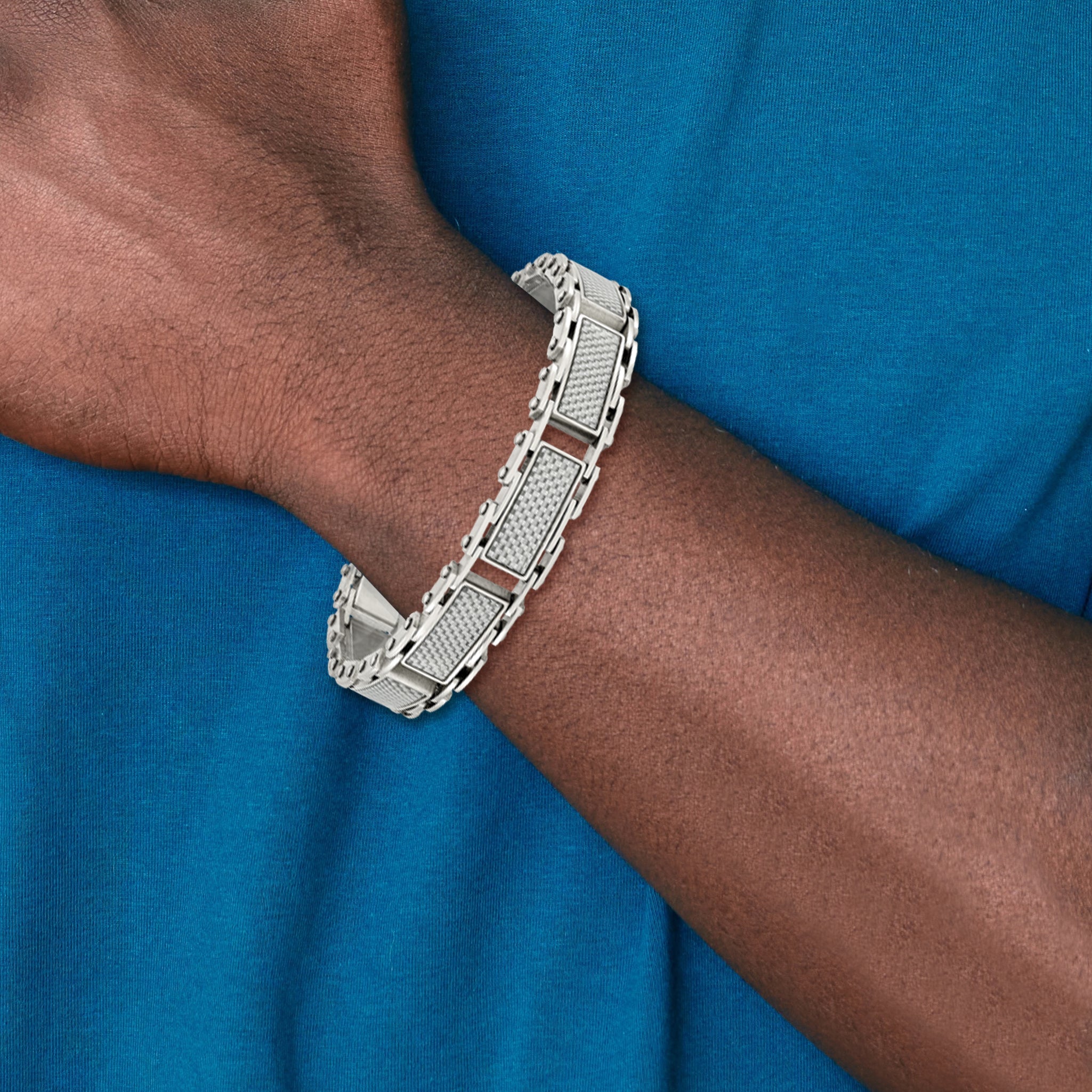Carbon Fiber Inlay Link Bracelet in Stainless Steel