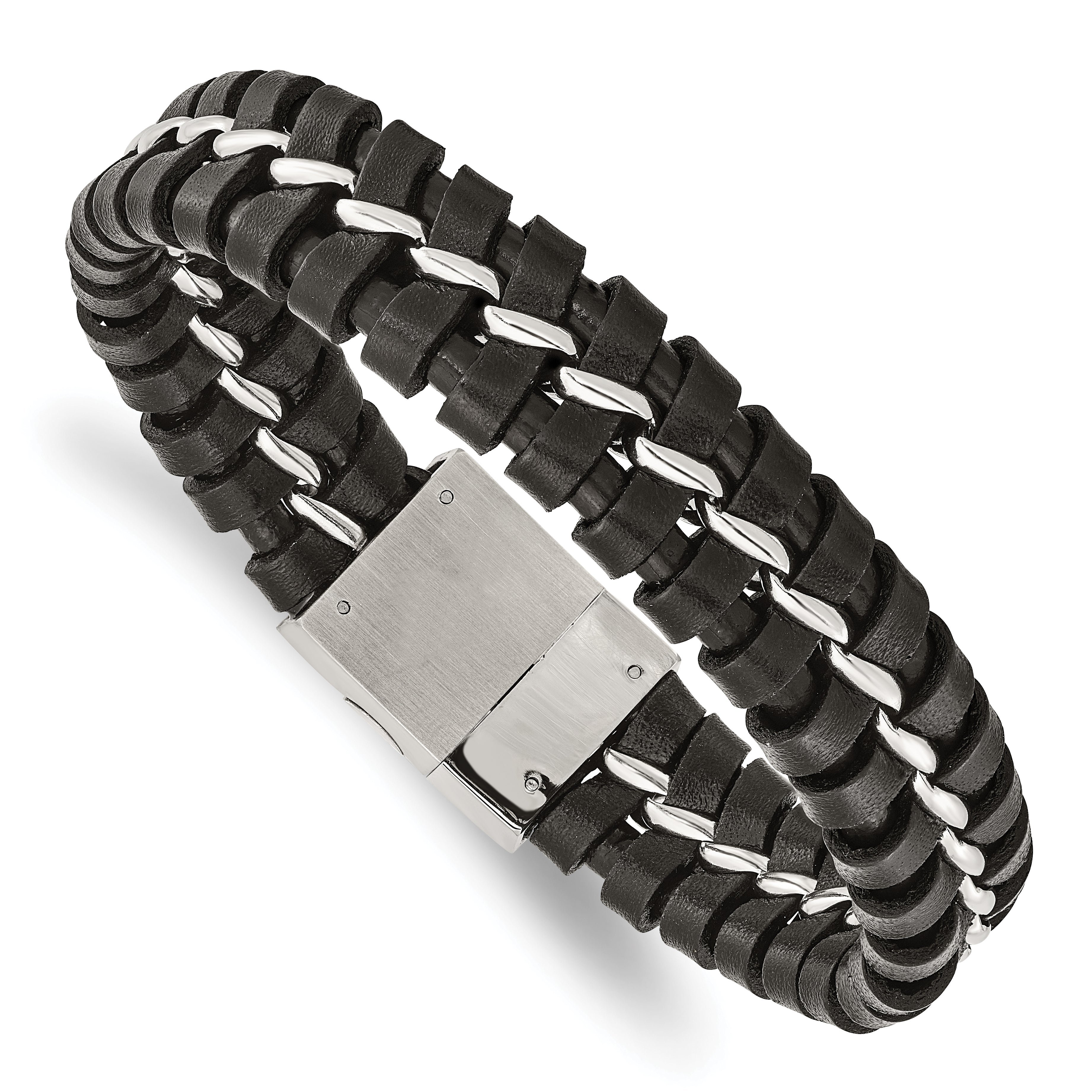 Chisel Stainless Steel Brushed and Polished Black Leather 9 inch Bracelet Main image
