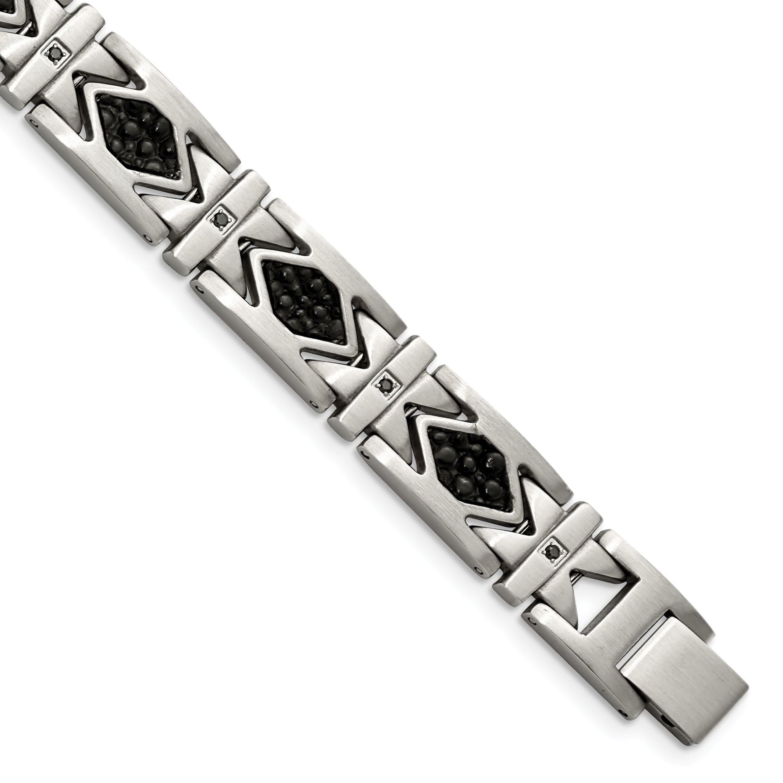 Chisel Stainless Steel Brushed with Stringray Textured Black Leather and Black CZ 8.5 inch Link Bracelet Main image