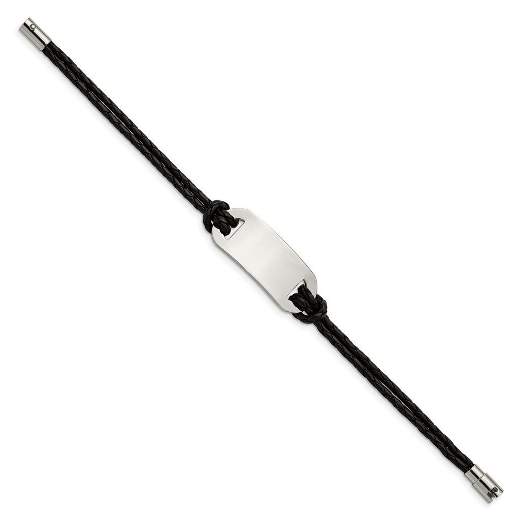 Woven Leather ID Bracelet in Stainless Steel