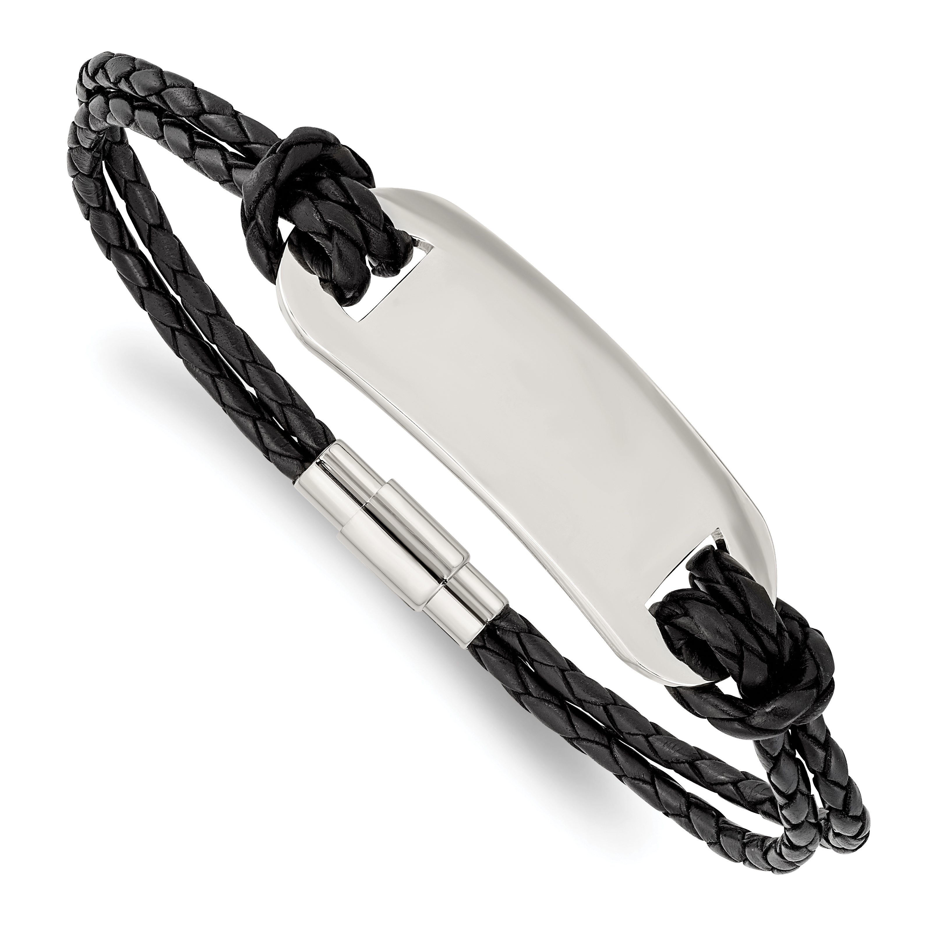 Chisel Stainless Steel Polished Black Woven Leather 8.25 inch ID Bracelet